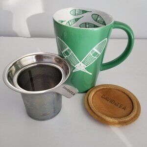 Davids Tea Snowshoe Perfect Mug Green White Winter Cup with Lid and Diffuser